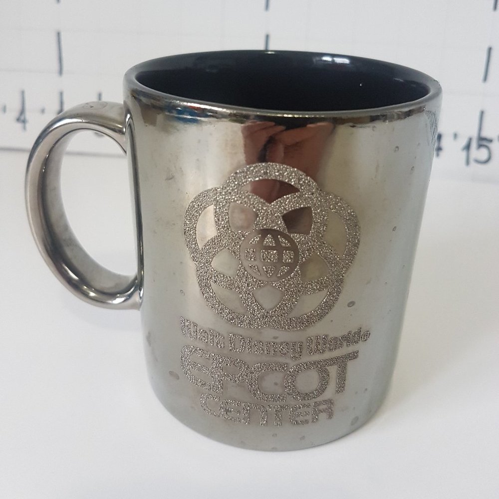 Vintage Walt Disney World Epcot Center Glitter Mirror Shiny Silver Coffee Cup